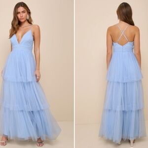 LULU's Prom Sexy Tiered Ruffles Boho Chic Blue Maxi Dress NWOT